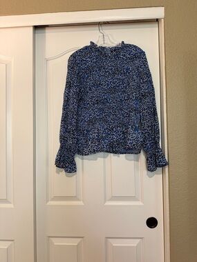 Express Blue and Black Floral Ruffle Cuff Blouse. Size L. In fantastic shape!